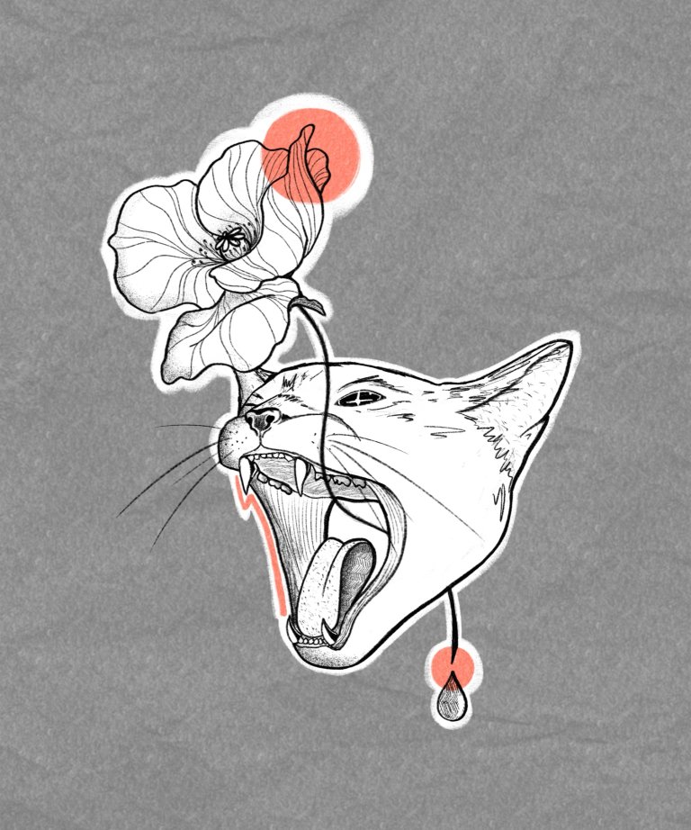 Wild cat with poppies and a red sun, flash design