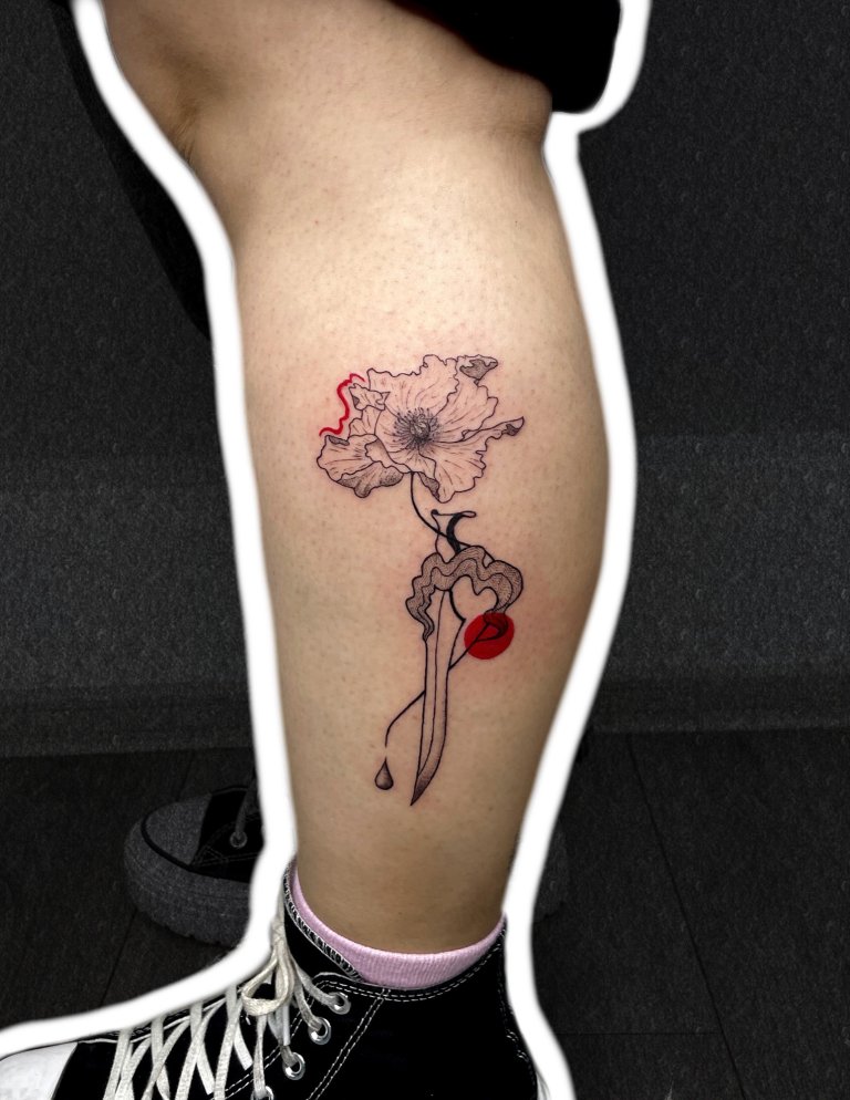 Poppy and dagger, calf tattoo