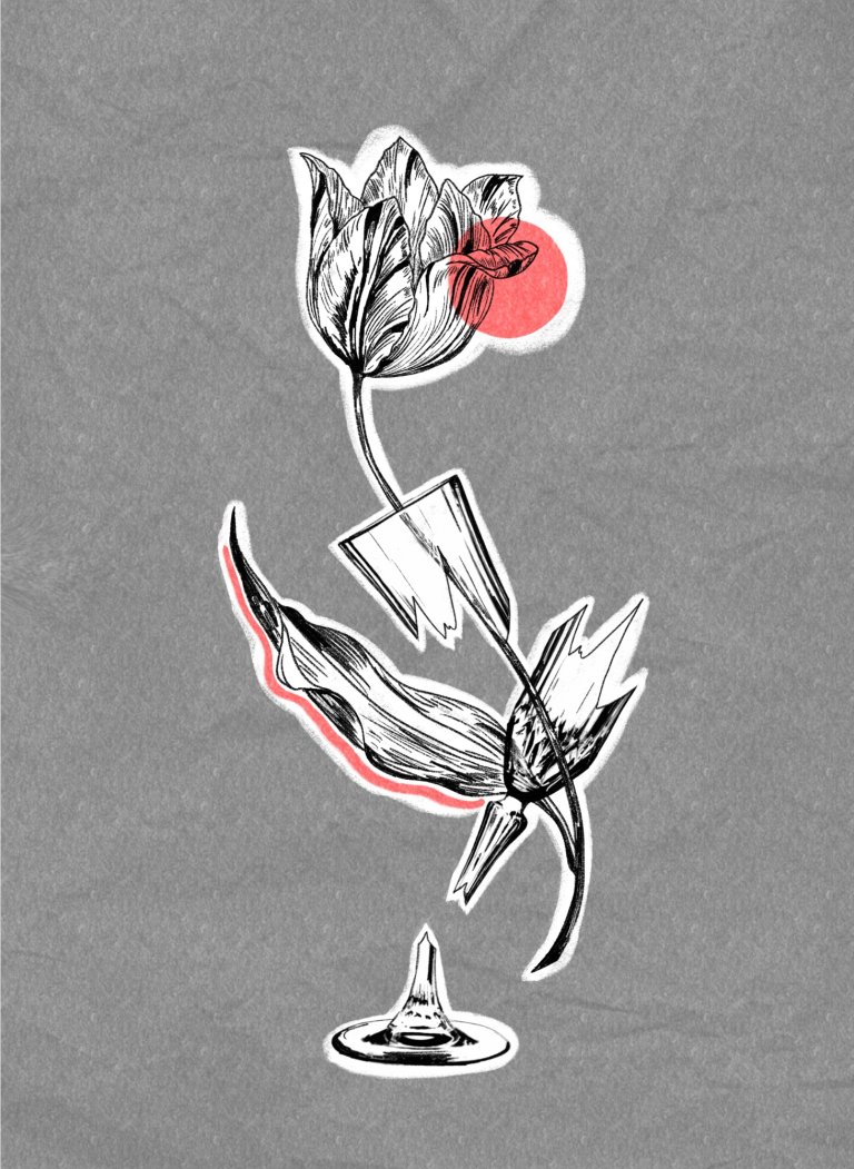 Tulip and a broken glass with a red sun, flash design