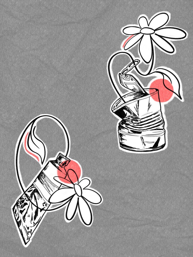Daisies growing out of tin cans, flash design