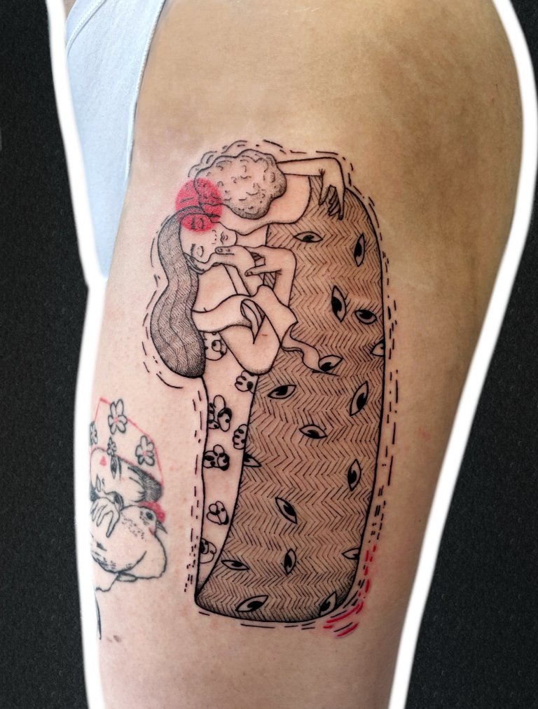 Figure wrapped in a blanket of eyes, thigh tattoo