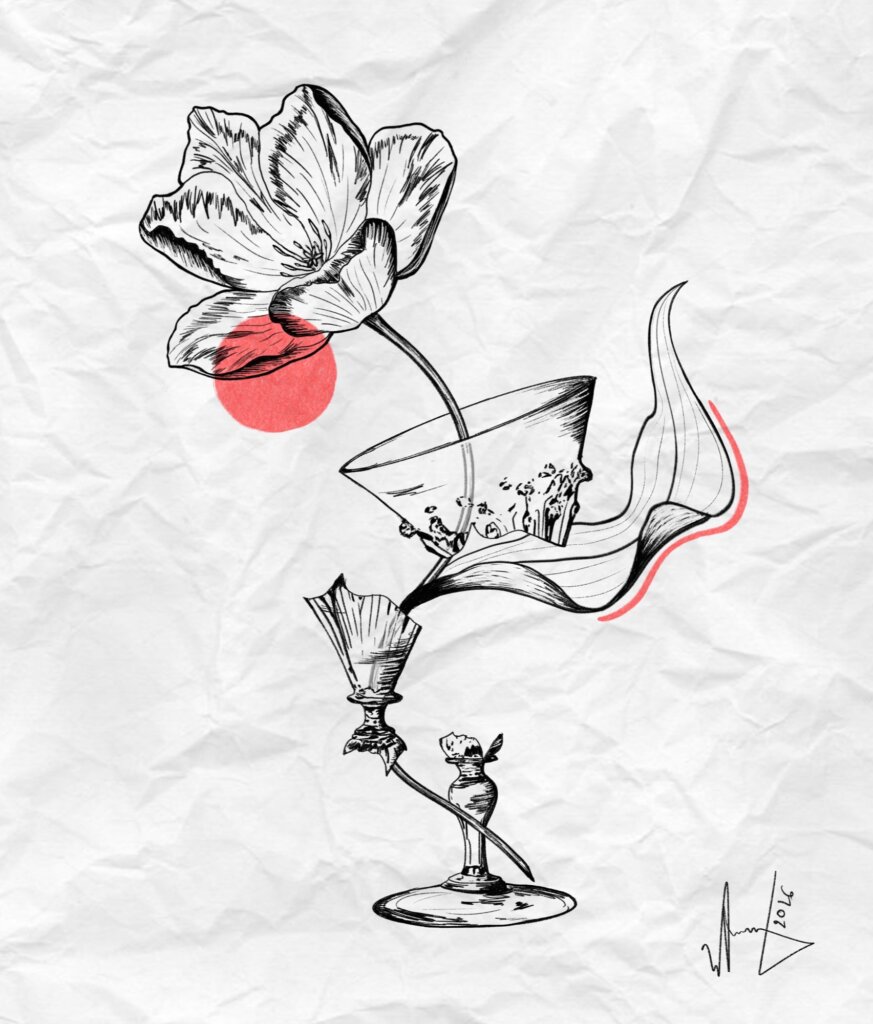 Tulip in a broken glass, drawing by Alexandra S.