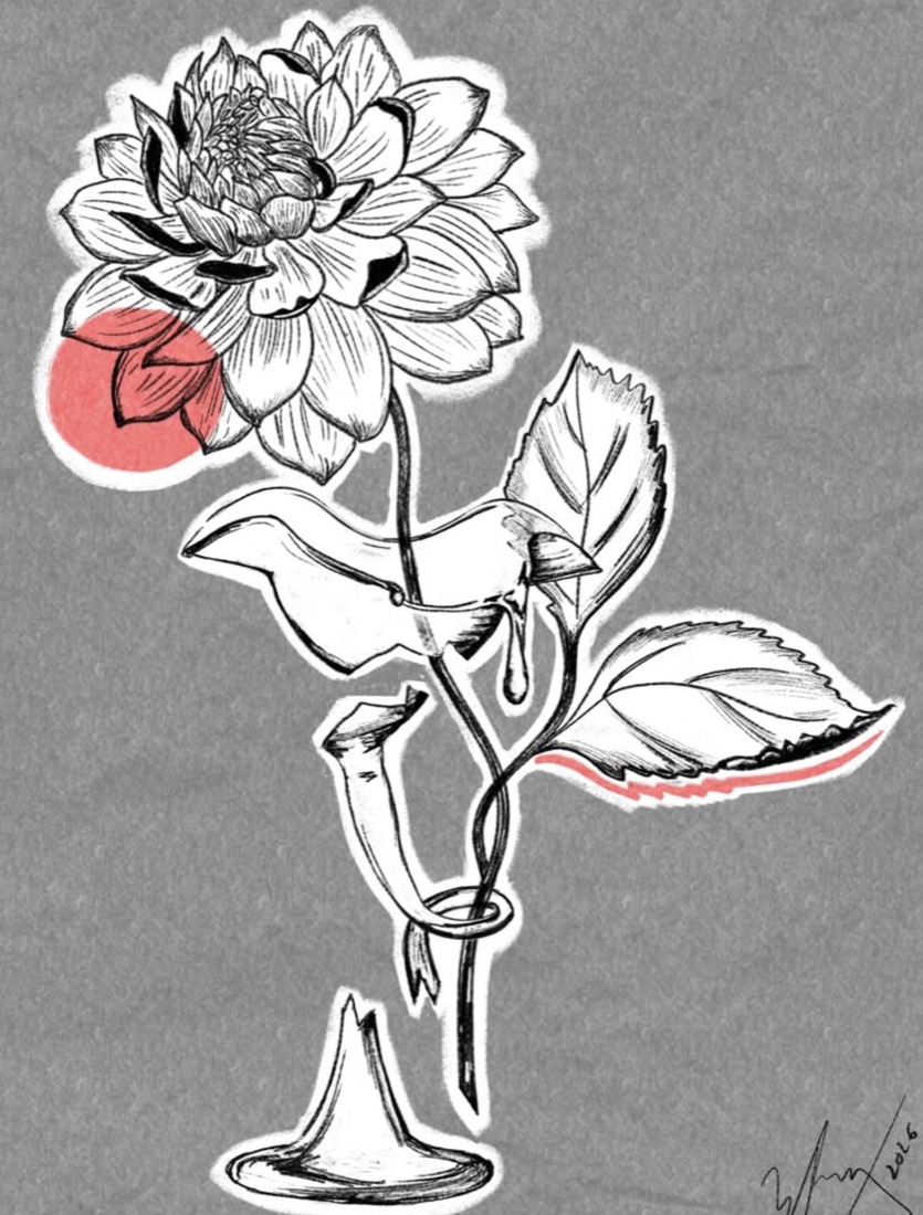 Dahlia in a broken vase, flash design