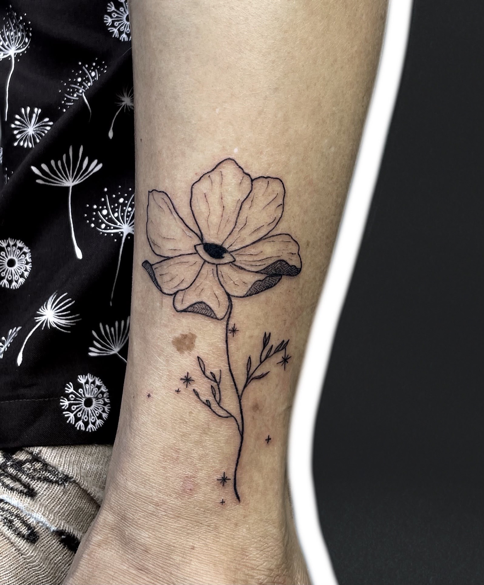 Poppy with an eye at its centre, forearm tattoo by Alexandra S.